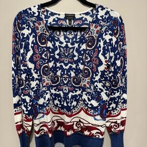 Talbots Navy, White & Red Paisley Crewneck Sweater